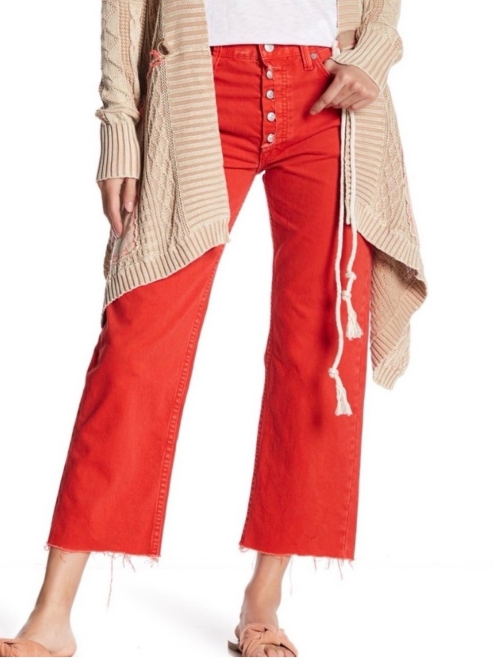 Free People Rolling on the River Cropped Wide Leg Jeans Orange Red Size 27